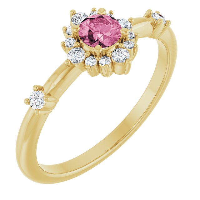 14K Yellow Natural Pink Tourmaline & 1/6 CTW Natural Diamond Halo-Style Ring 